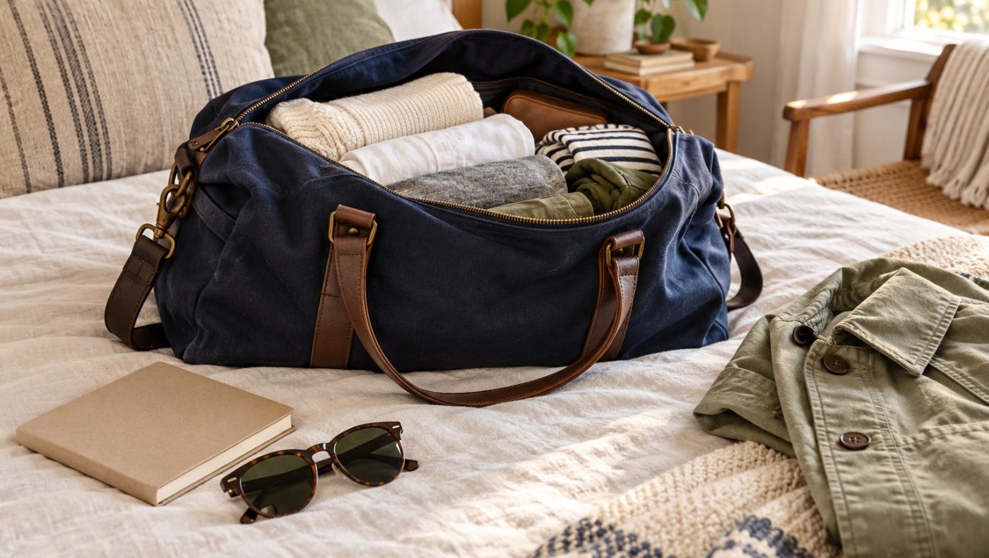 An editorial scene with travel and packing essentials
