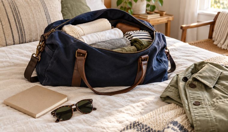 An editorial scene with travel and packing essentials