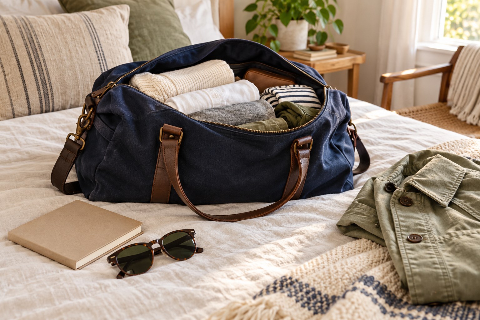 An editorial scene with travel and packing essentials