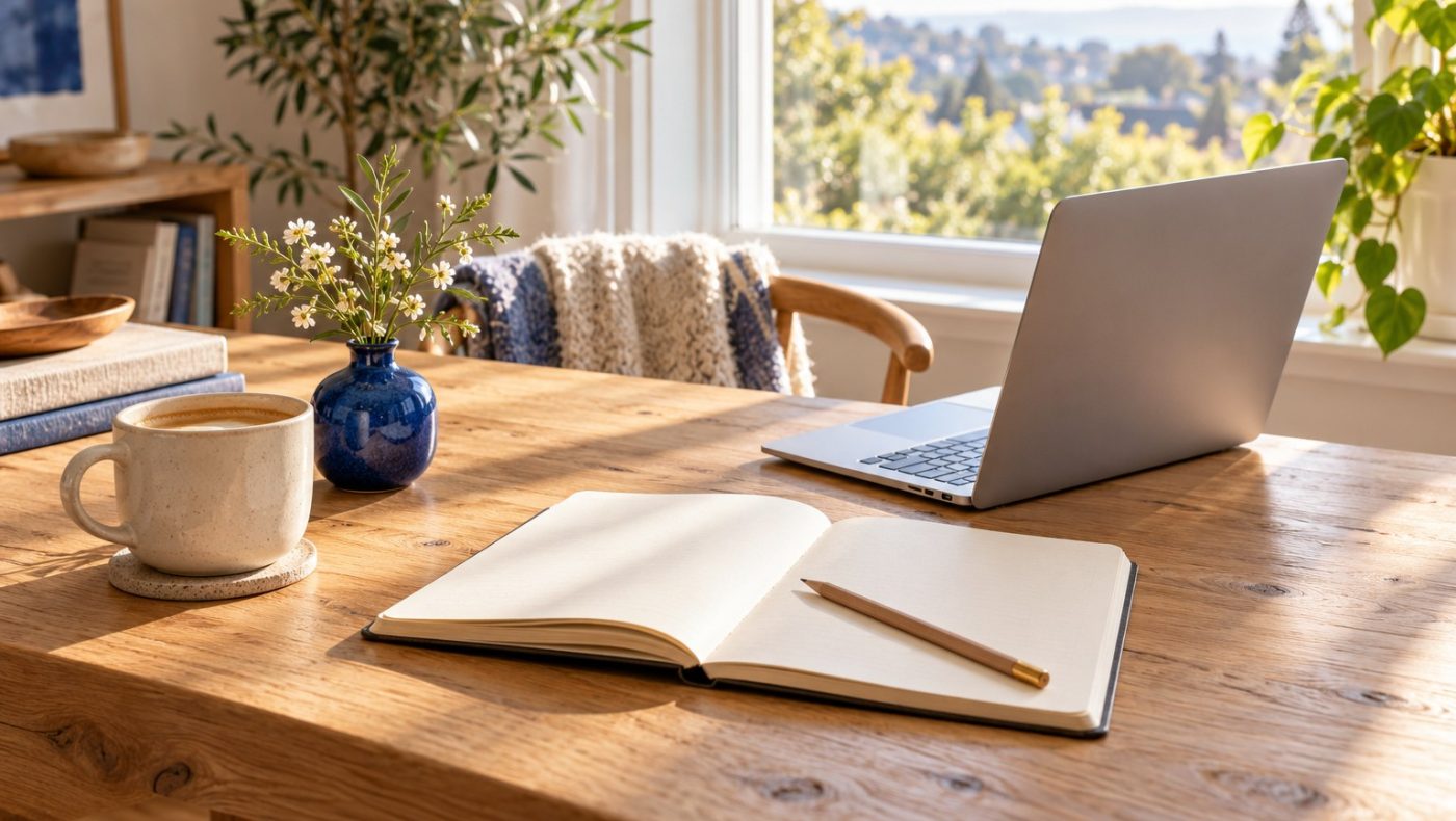 An editorial scene with a notebook and work essentials