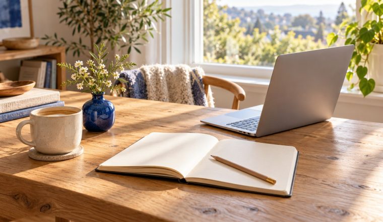 An editorial scene with a notebook and work essentials
