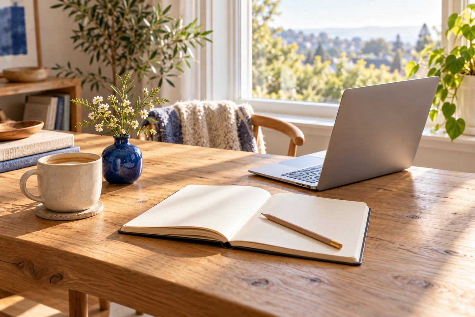 An editorial scene with a notebook and work essentials